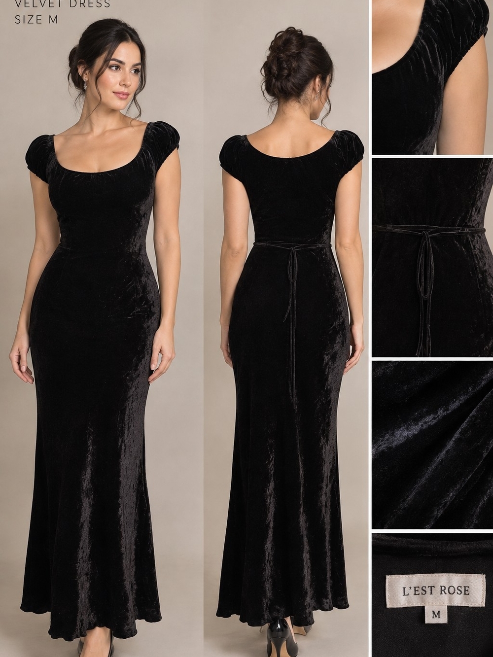 Black Velvet Maxi Dress with Scoop Neck and Self-Tie Waist